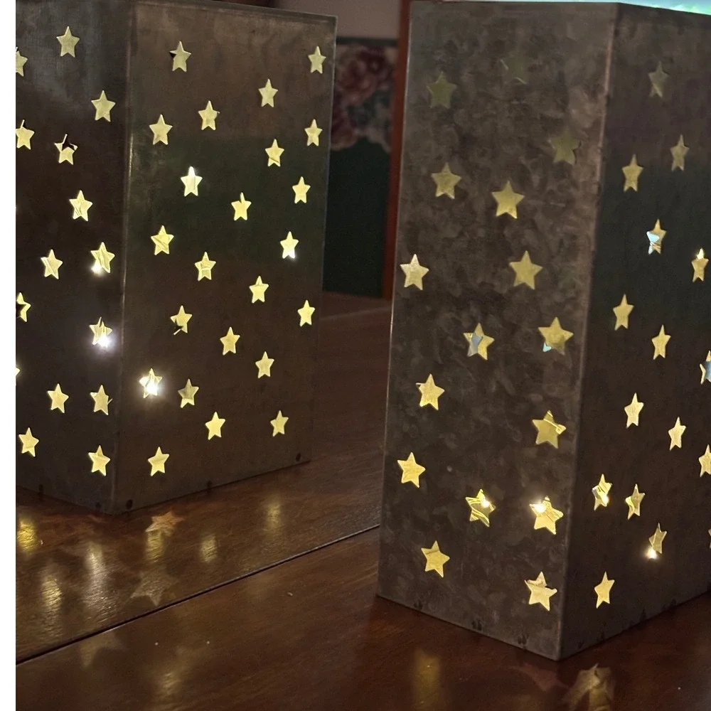 Galvanized Metal Star Cutout LED Lanterns Set of 2 Silver Rustic Good
